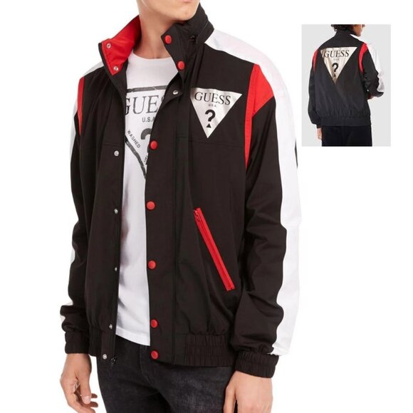 Guess Rebel Logo Red White Black Colour Block Lined Windbreaker Extra Large - Picture 2 of 13
